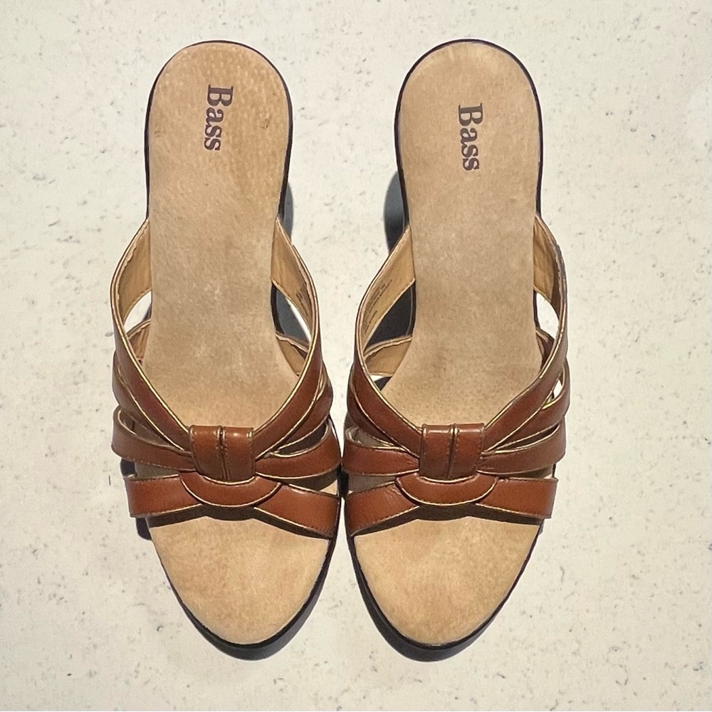 Bass Women's Sz 10 Brown Classic Vacation Travel Leather 3in Heel Slide Sandals